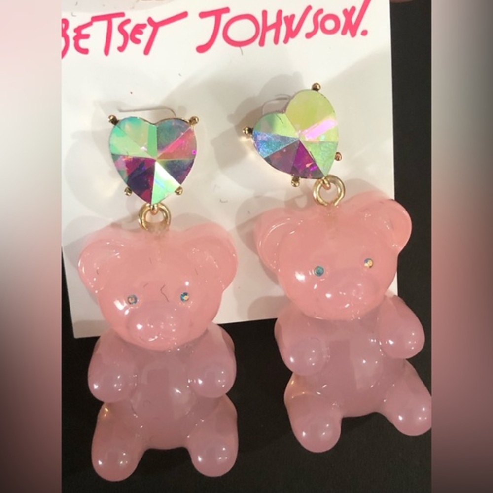 Betsey Johnson pink acrylic teddy gummy bear heart crystal rhinestone earrings